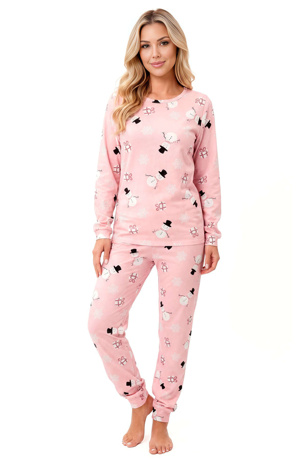 Pijama de iarnă Snowman long din bumbac 100%, roz pudrat cu imprimeu cu oameni de zăpadă, vedere din față