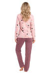 Pijama Snowman long cu pantaloni prună, vedere din spate: bluză imprimată cu mânecă lungă și pantaloni drepți